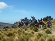 Students sitting on a brown, grassy hill in New Zealand.